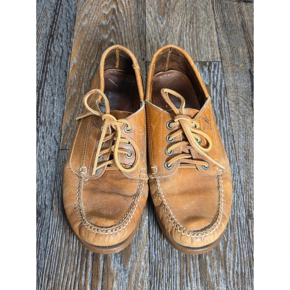 Vintage Barclay Tan Leather Boat Shoes Mens 9.5 D Hand Sewn Moc Toe Loafers